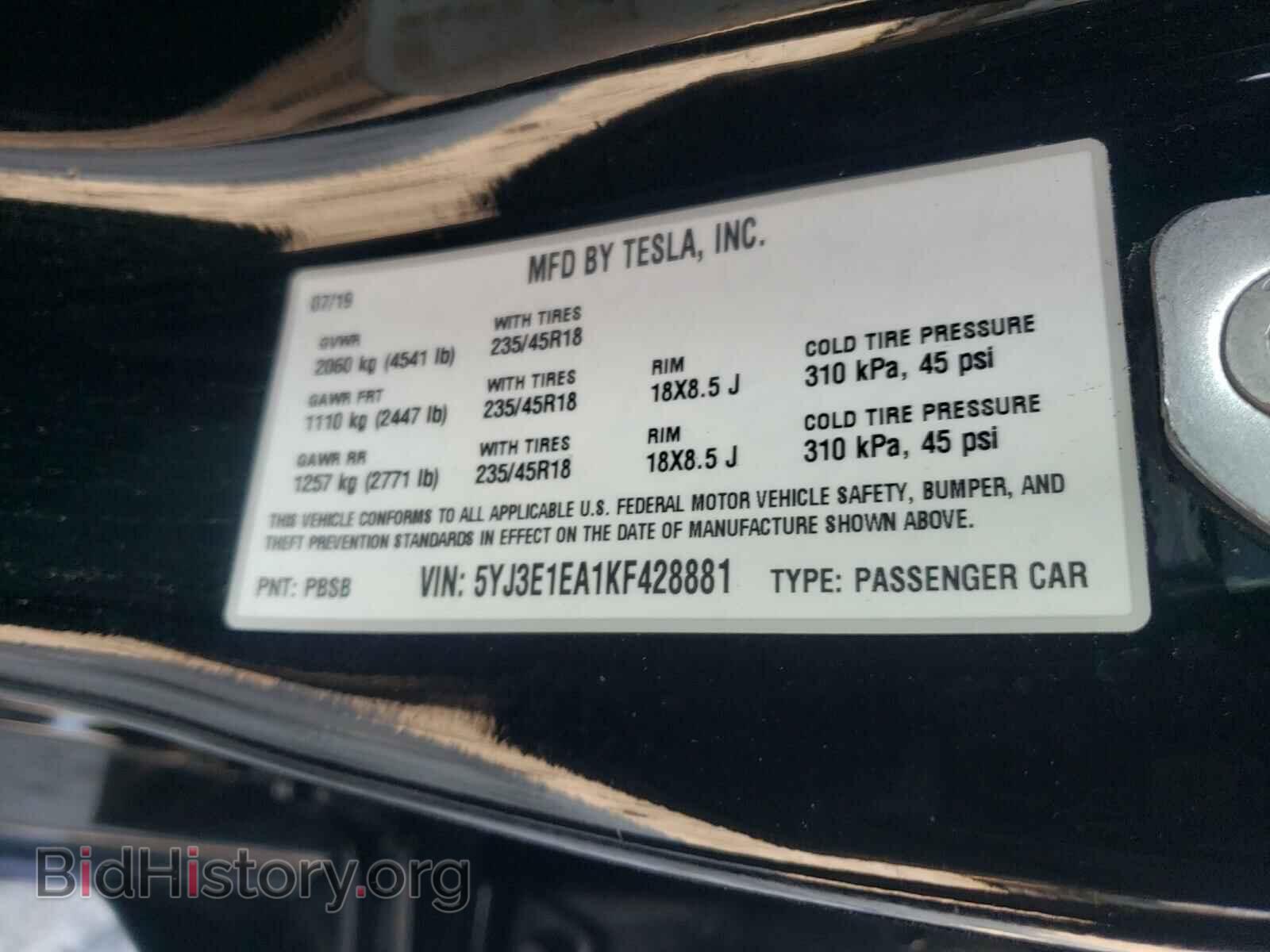 2019 TESLA MODEL 3 - VIN: 5YJ3E1EA1KF428881 - Фото 10