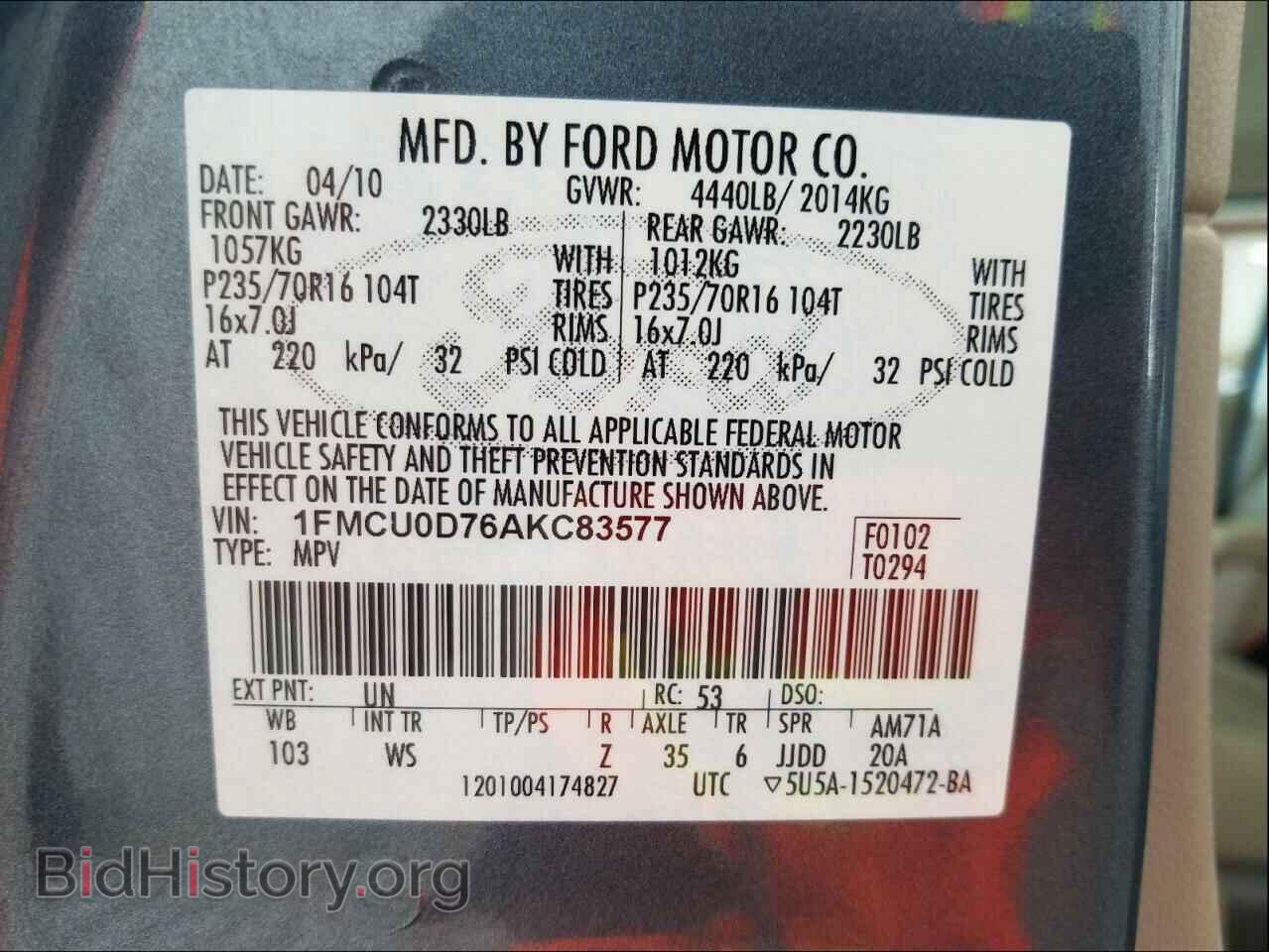 2010 FORD ESCAPE - VIN: 1FMCU0D76AKC83577 - Фото 10