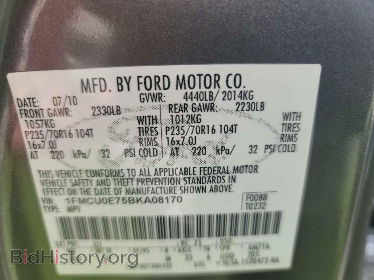 2011 FORD ESCAPE - VIN: 1FMCU0E75BKA08170 - Фото 10