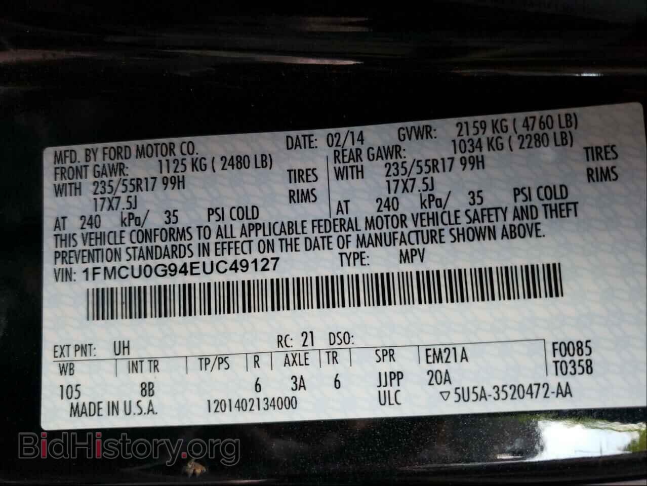 2014 FORD ESCAPE - VIN: 1FMCU0G94EUC49127 - Фото 10