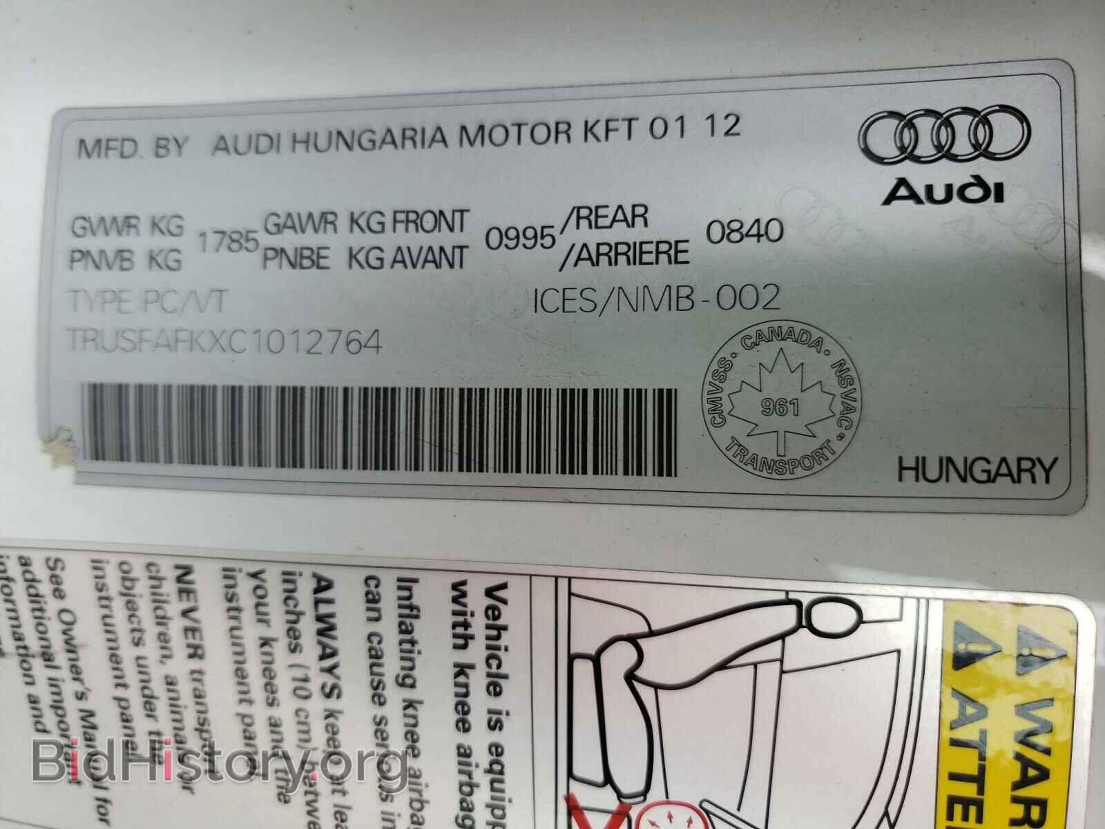 2012 AUDI TT - VIN: TRUSFAFKXC1012764 - Photo 10