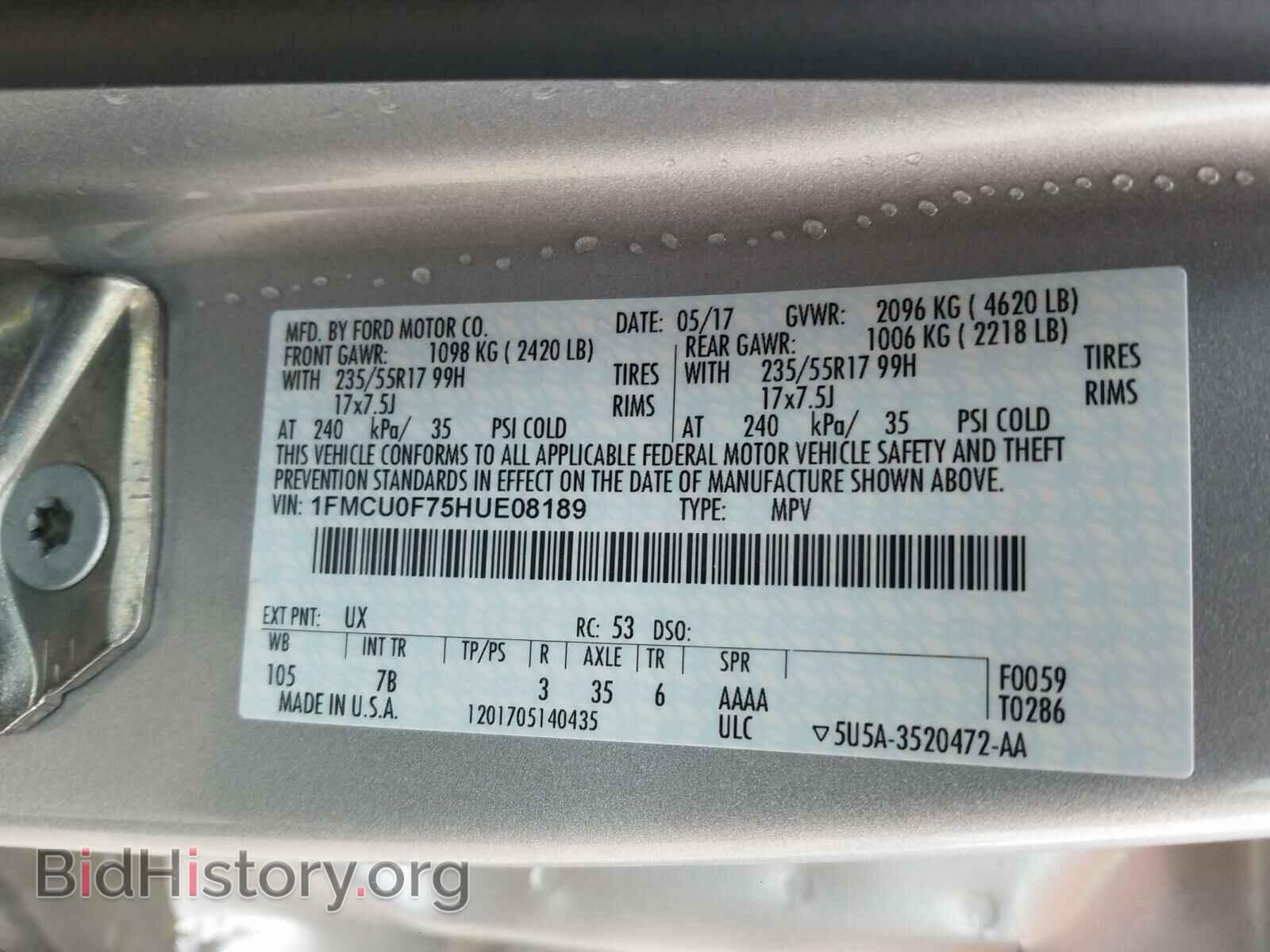 2017 FORD ESCAPE - VIN: 1FMCU0F75HUE08189 - Фото 10