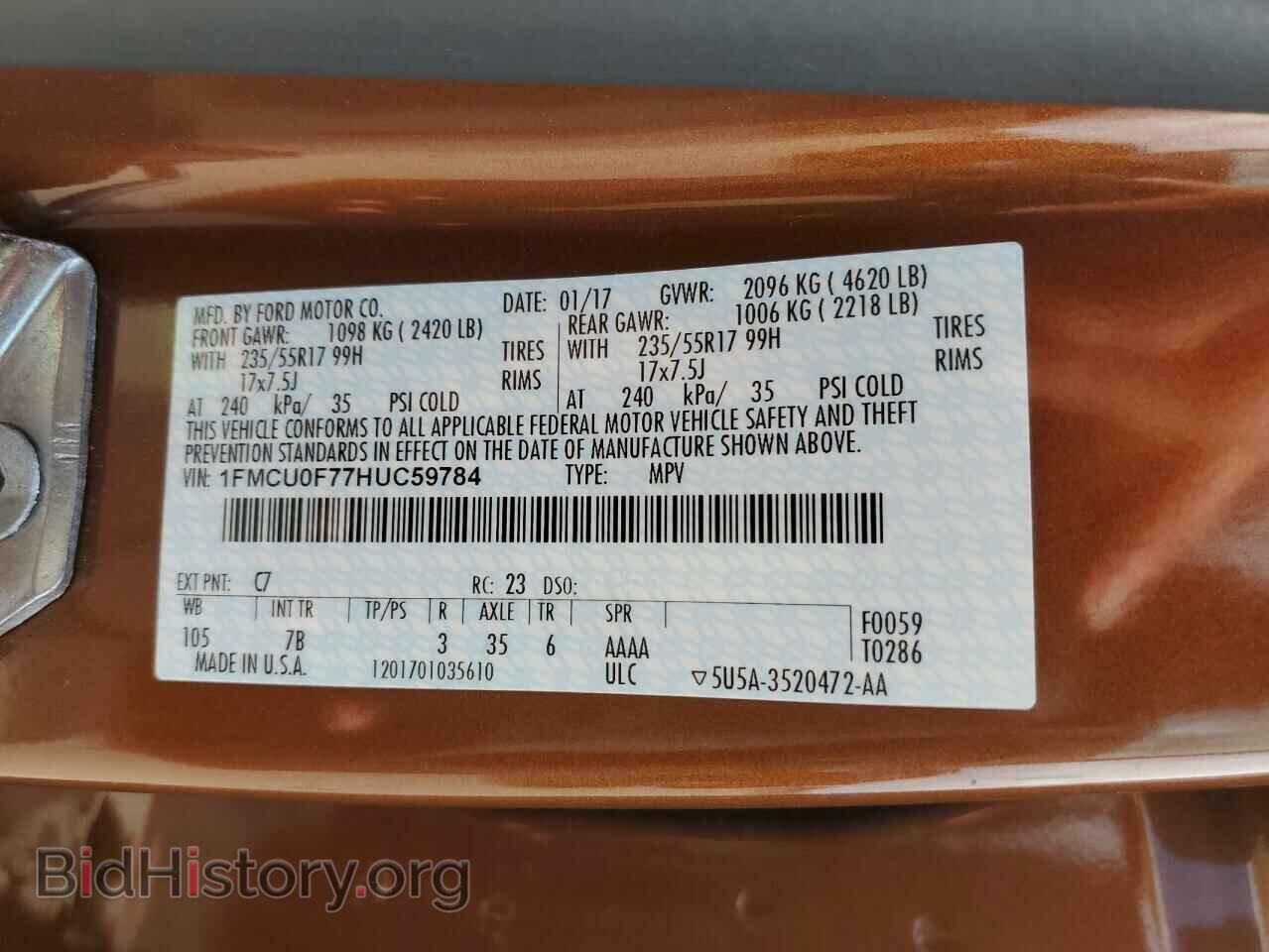 2017 FORD ESCAPE - VIN: 1FMCU0F77HUC59784 - Фото 10