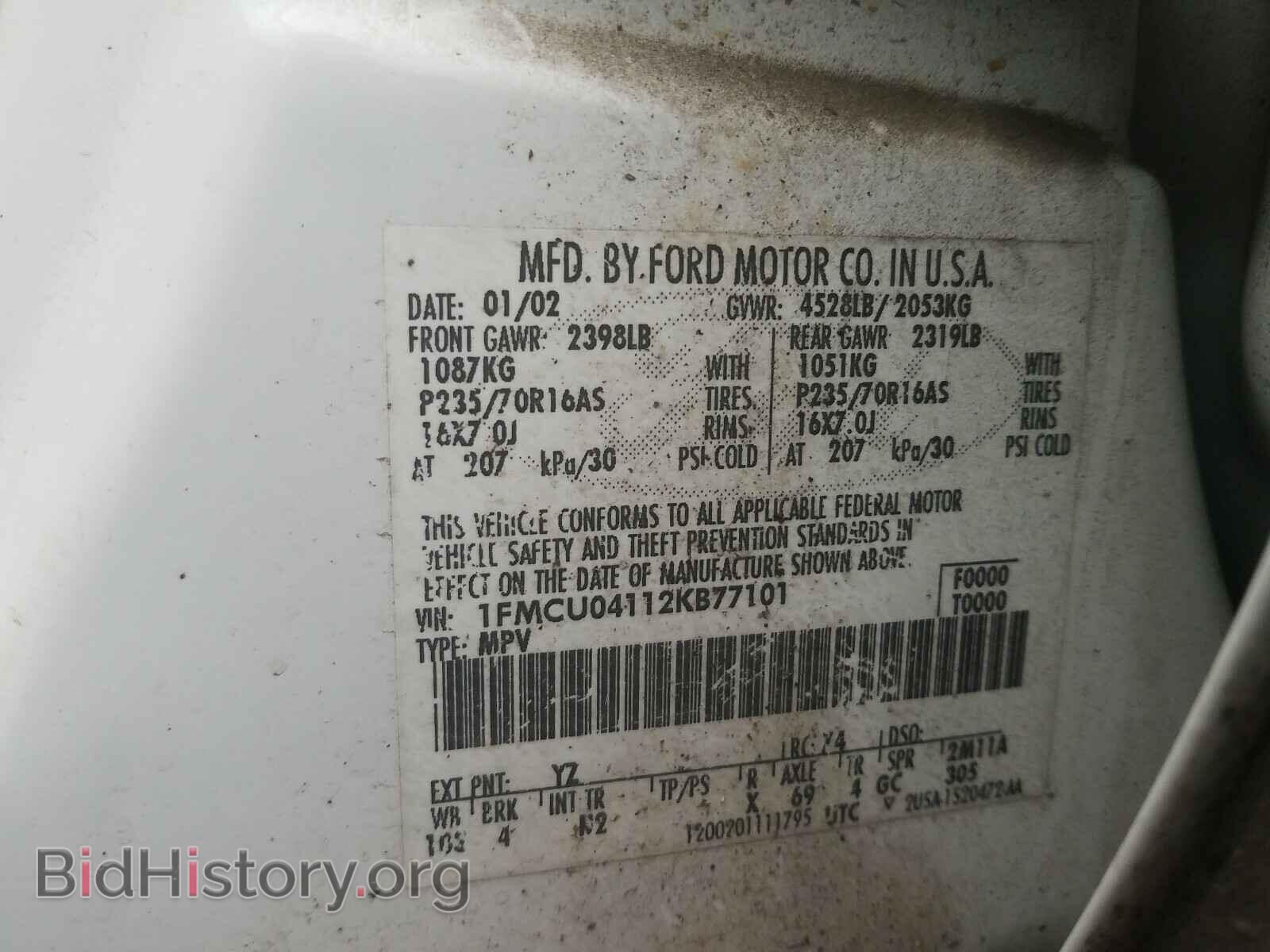 2002 FORD ESCAPE - VIN: 1FMCU04112KB77101 - Фото 10