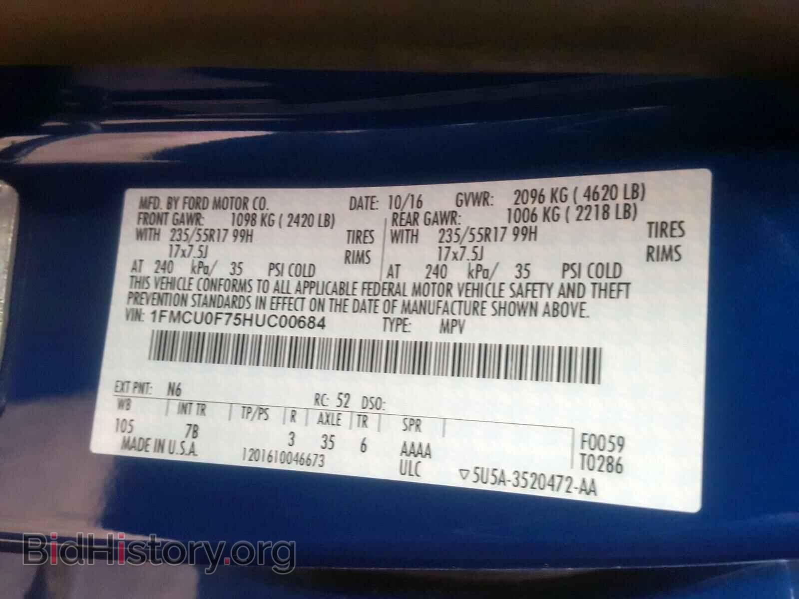2017 FORD ESCAPE S - VIN: 1FMCU0F75HUC00684 - Фото 10