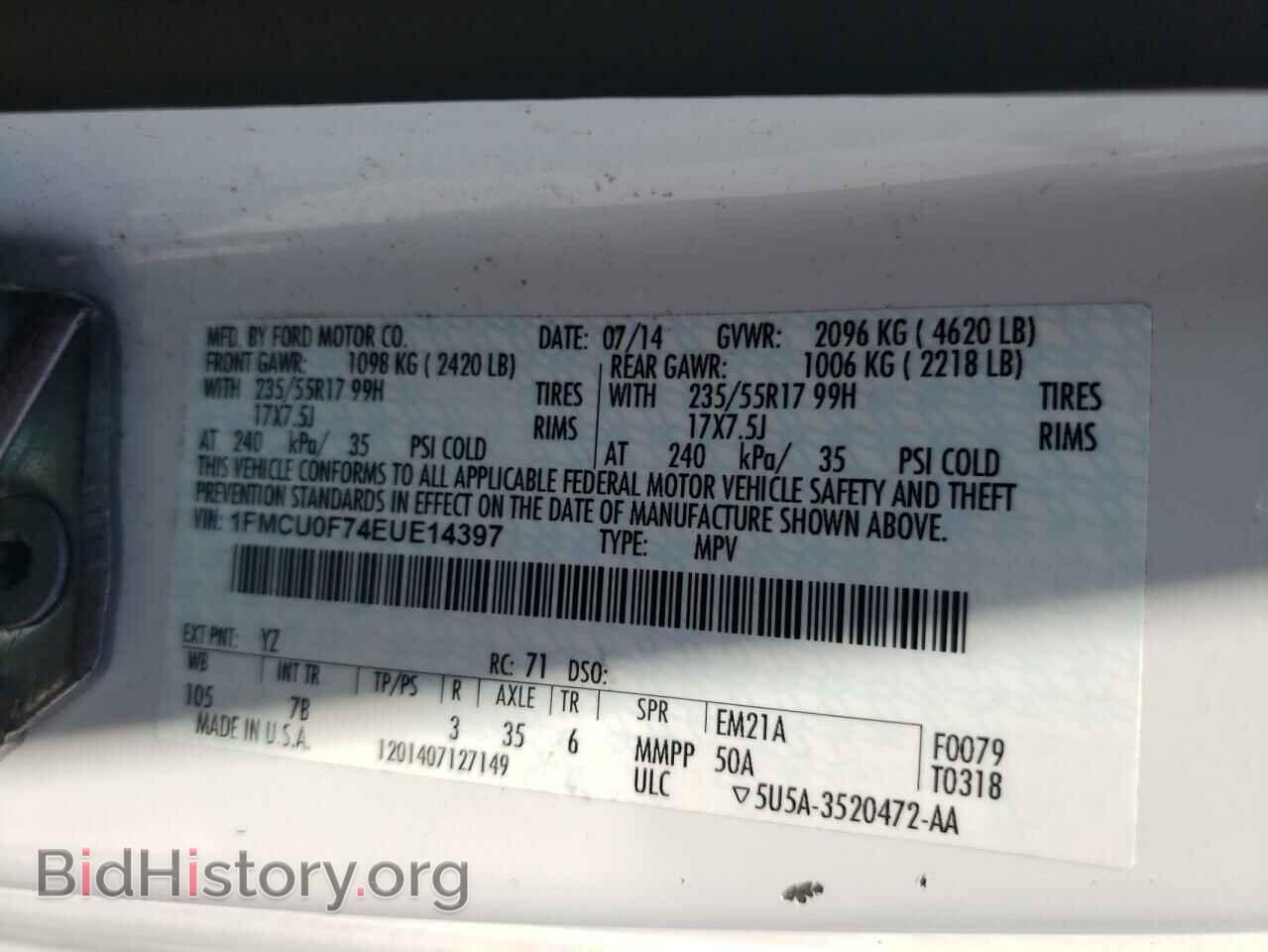 2014 FORD ESCAPE - VIN: 1FMCU0F74EUE14397 - Фото 10