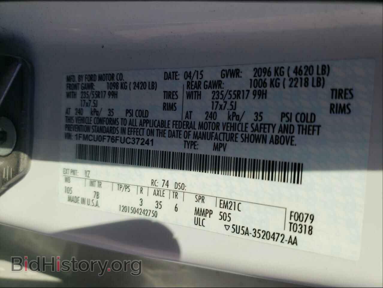 2015 FORD ESCAPE - VIN: 1FMCU0F76FUC37241 - Фото 10