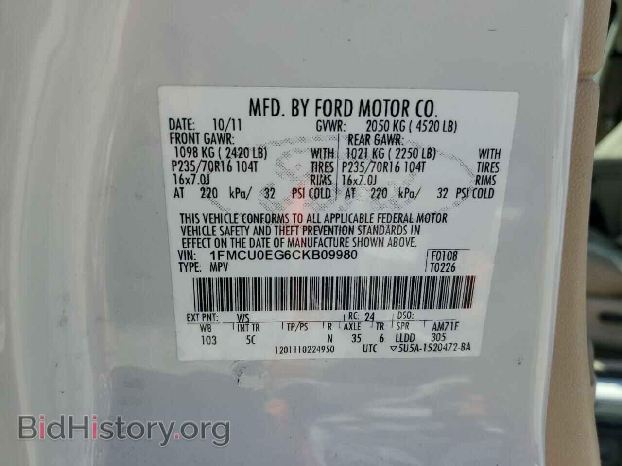 2012 FORD ESCAPE - VIN: 1FMCU0EG6CKB09980 - Photo 13