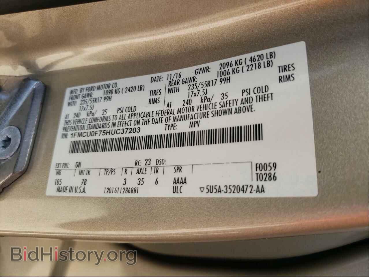 2017 FORD ESCAPE - VIN: 1FMCU0F75HUC37203 - Фото 10