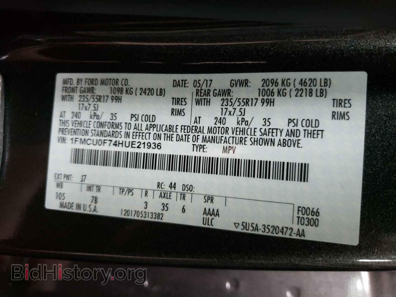 2017 FORD ESCAPE - VIN: 1FMCU0F74HUE21936 - Фото 10
