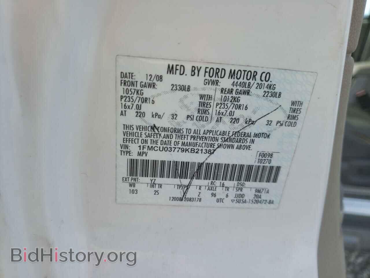 2009 FORD ESCAPE - VIN: 1FMCU03779KB21387 - Фото 10