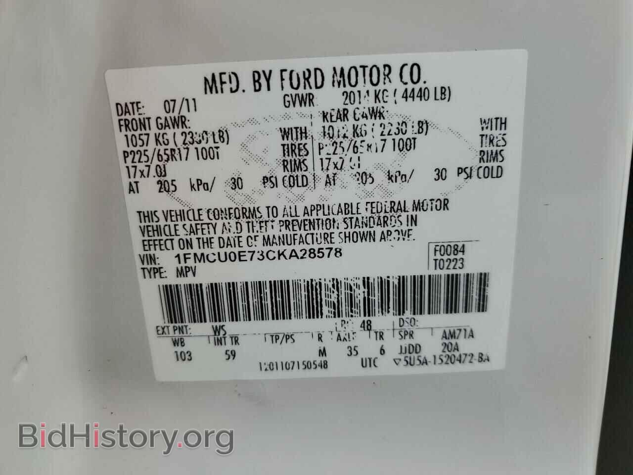 2012 FORD ESCAPE - VIN: 1FMCU0E73CKA28578 - Фото 12