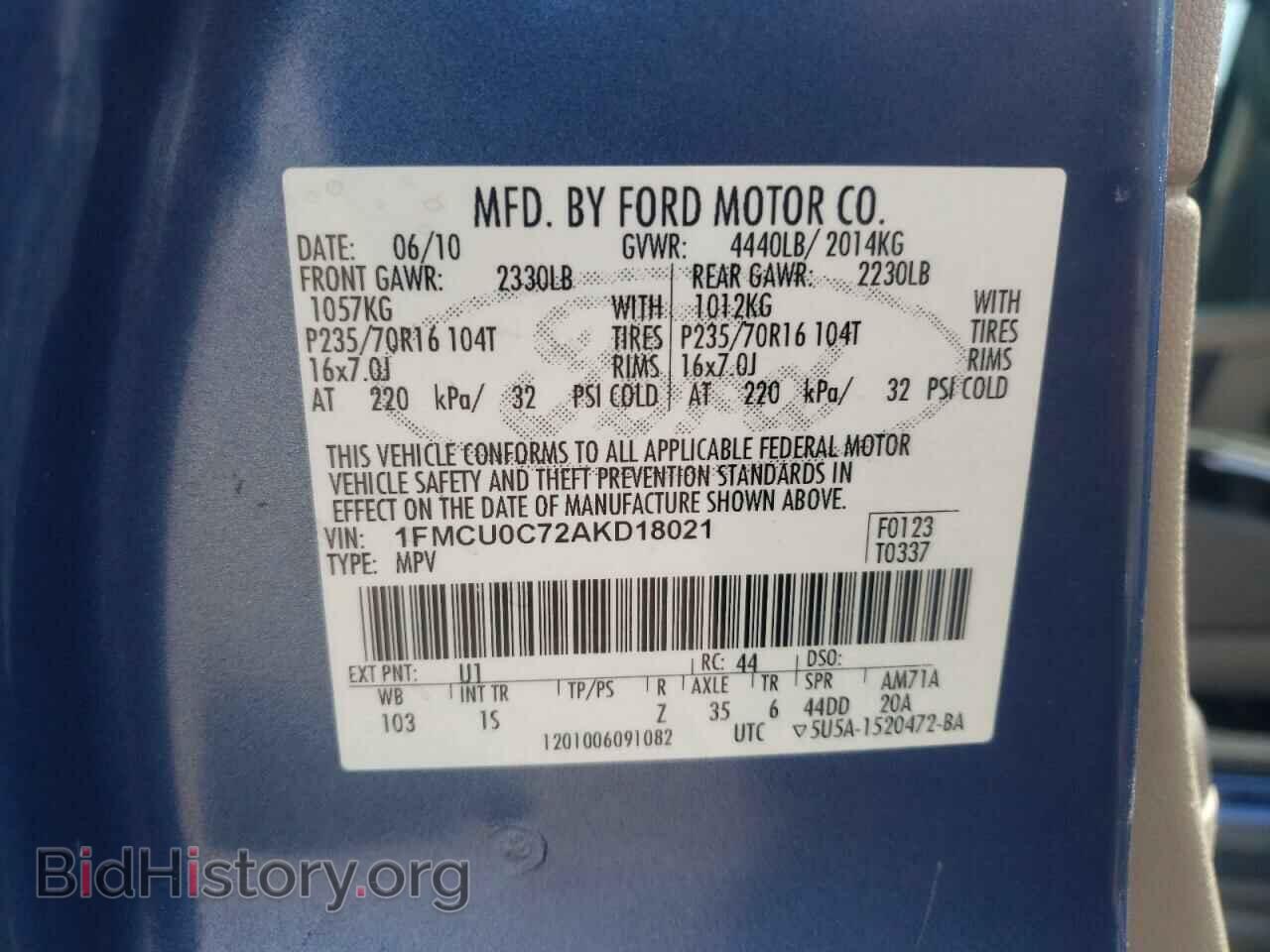 2010 FORD ESCAPE - VIN: 1FMCU0C72AKD18021 - Фото 10