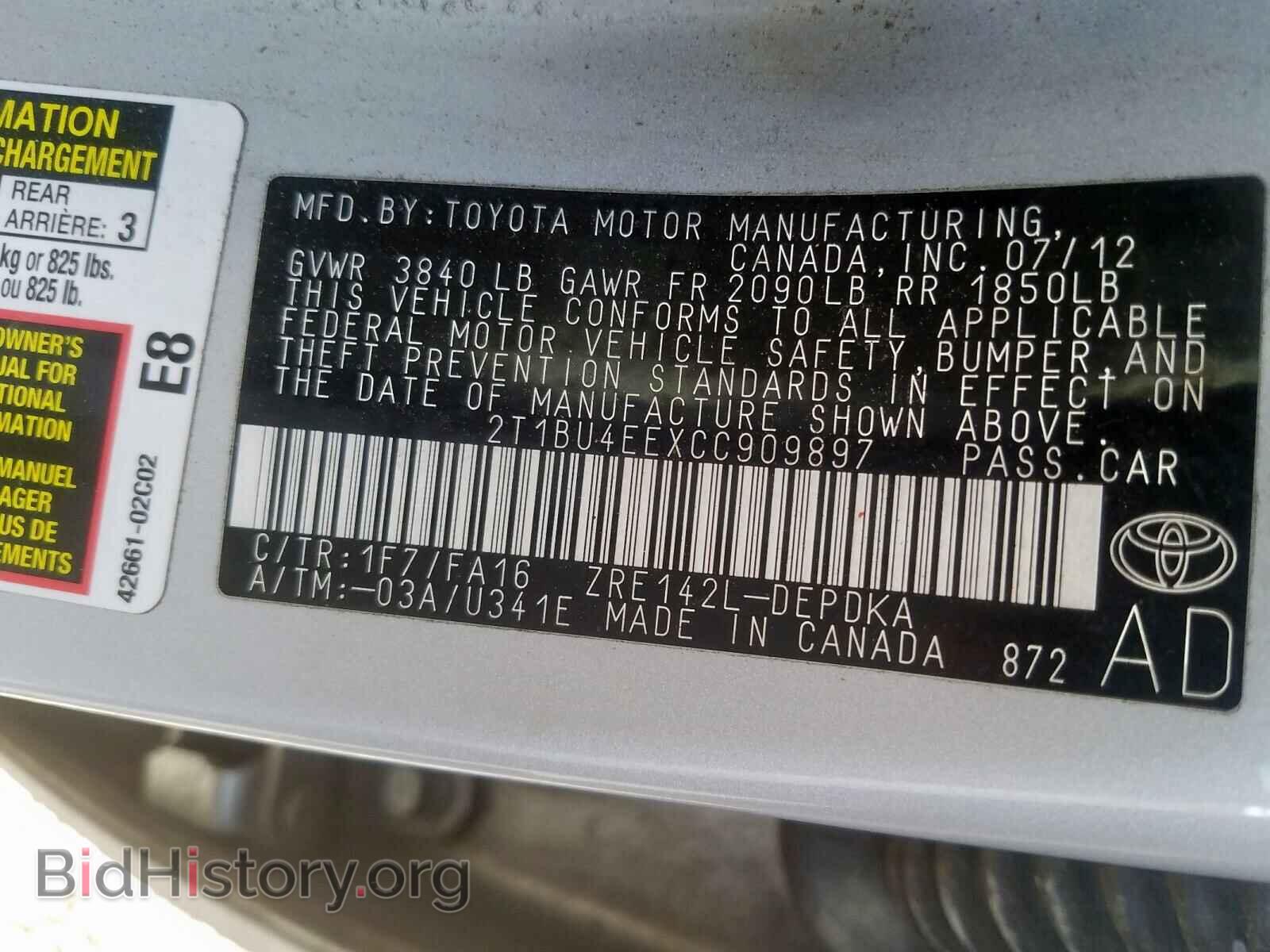 2012 TOYOTA COROLLA BA - VIN: 2T1BU4EEXCC909897 - Фото 10