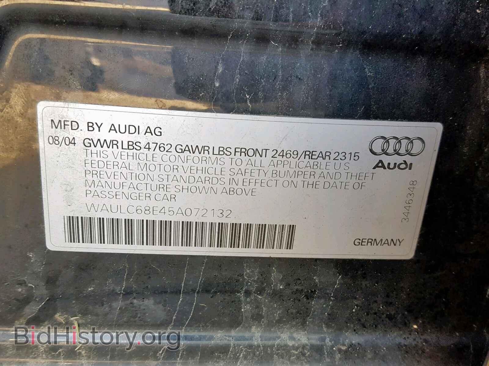 2005 AUDI A4 - VIN: WAULC68E45A072132 - Фото 10