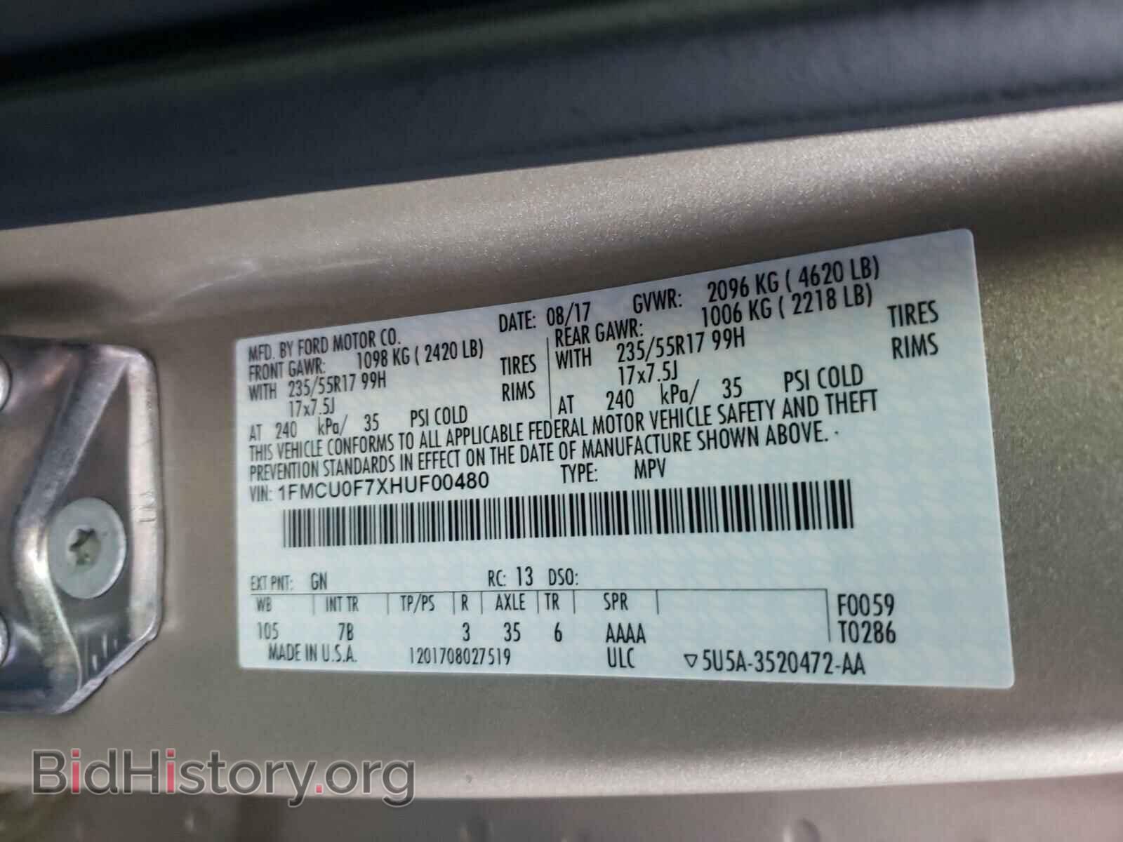 2017 FORD ESCAPE - VIN: 1FMCU0F7XHUF00480 - Фото 10