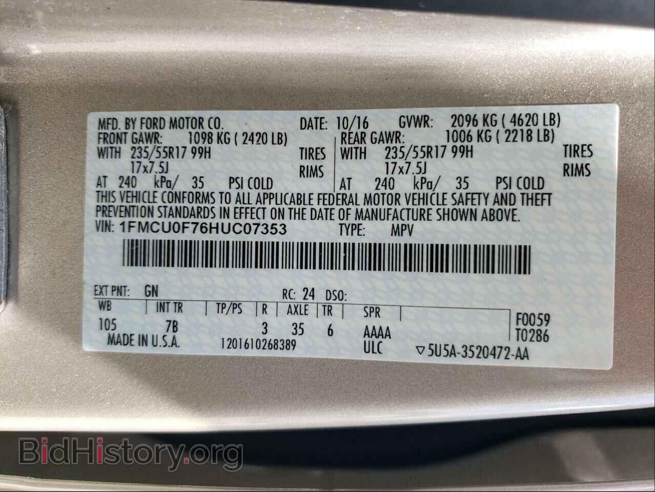 2017 FORD ESCAPE - VIN: 1FMCU0F76HUC07353 - Фото 10