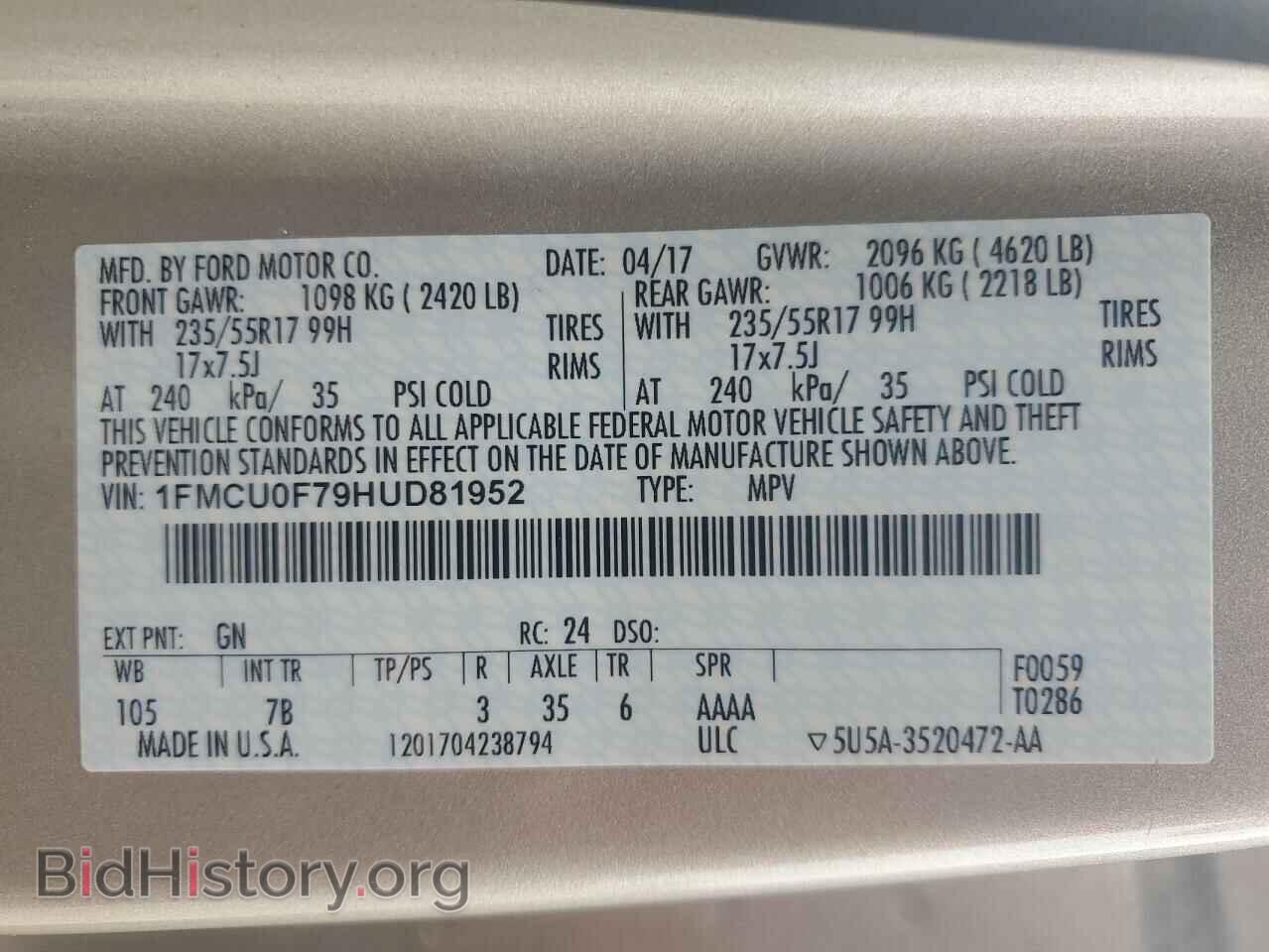 2017 FORD ESCAPE - VIN: 1FMCU0F79HUD81952 - Photo 14