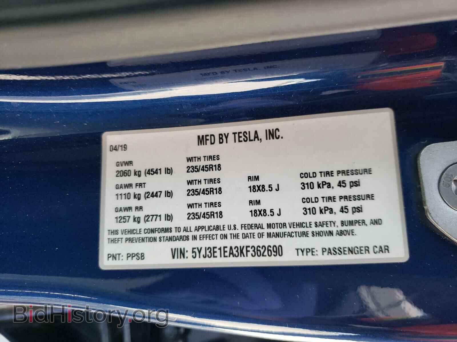 2019 TESLA MODEL 3 - VIN: 5YJ3E1EA3KF362690 - Фото 10