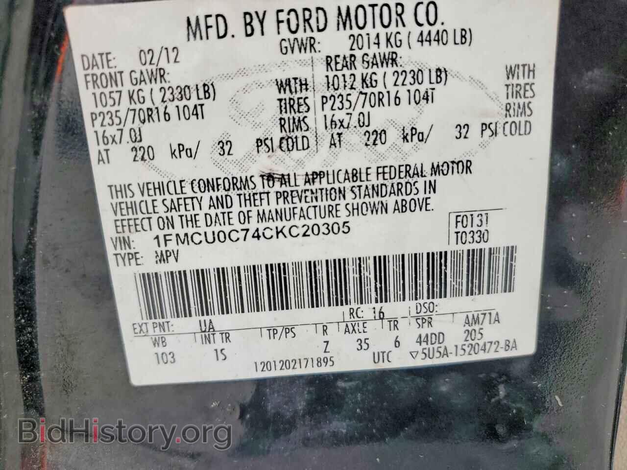 2012 FORD ESCAPE - VIN: 1FMCU0C74CKC20305 - Фото 12