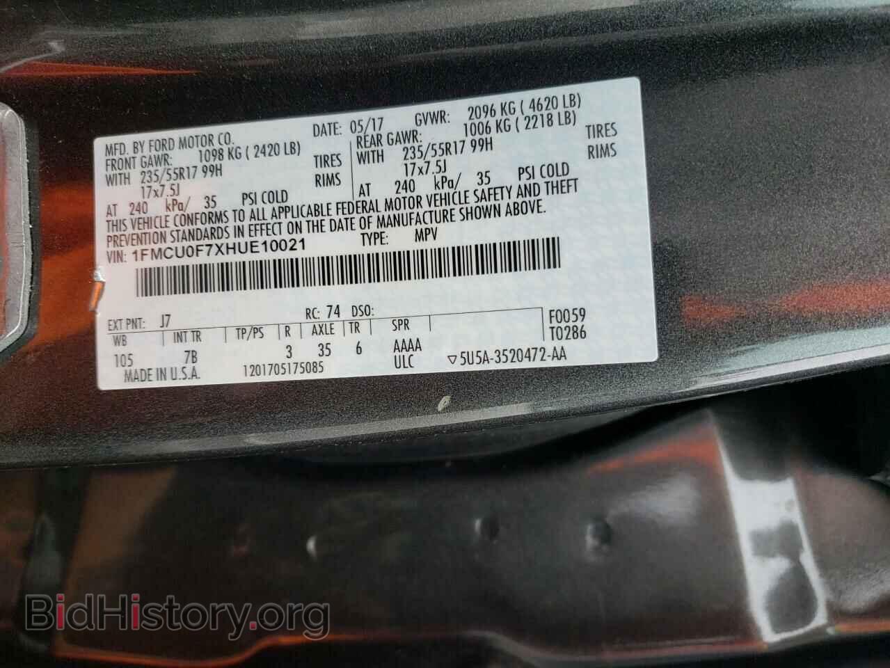 2017 FORD ESCAPE - VIN: 1FMCU0F7XHUE10021 - Фото 10