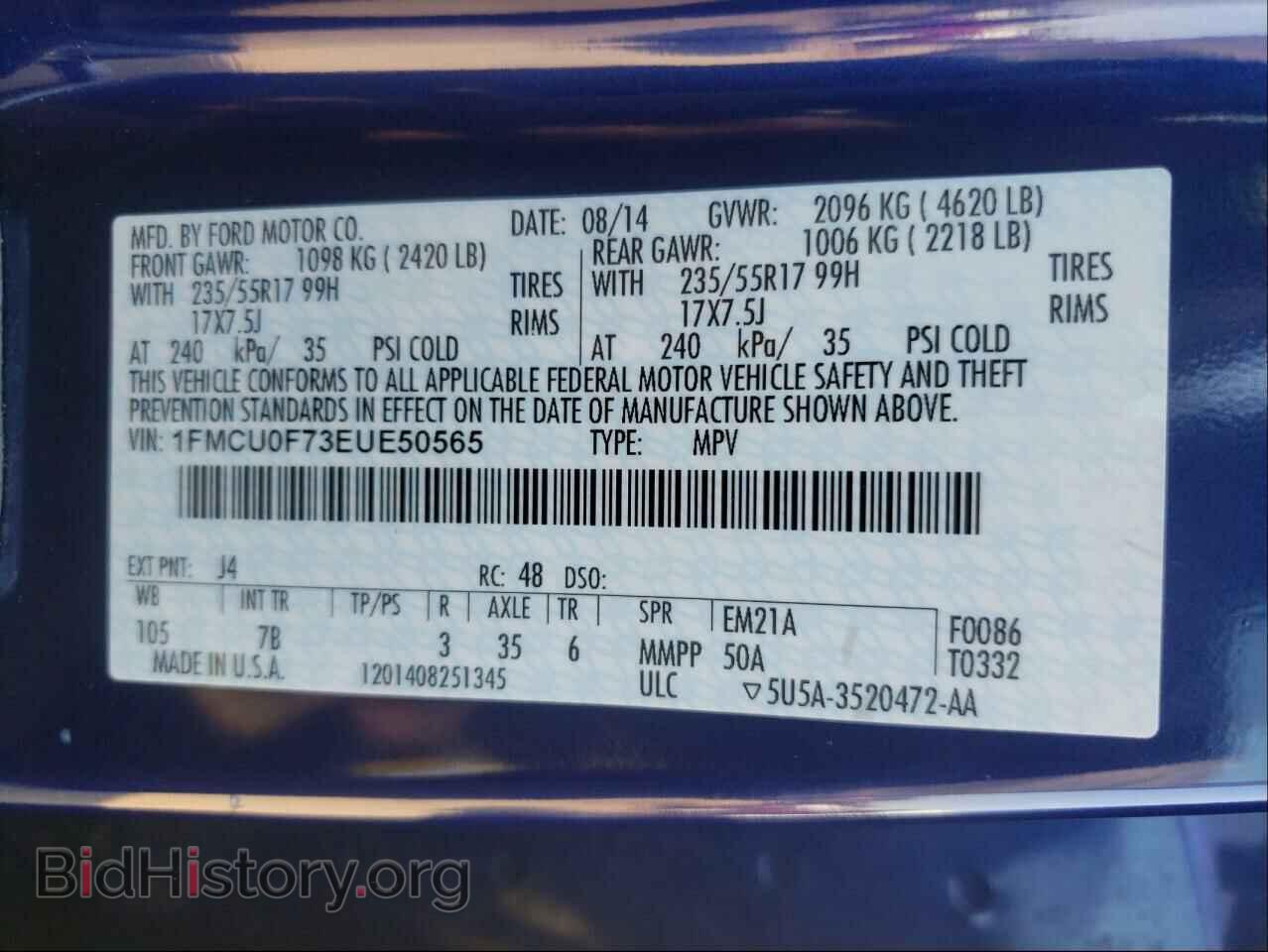 2014 FORD ESCAPE - VIN: 1FMCU0F73EUE50565 - Фото 10