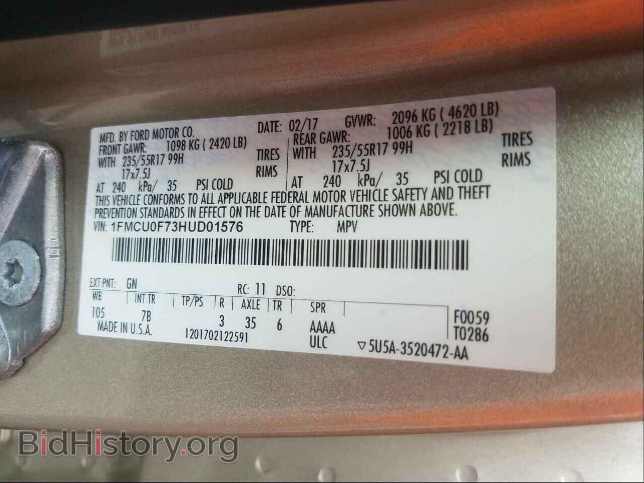 2017 FORD ESCAPE - VIN: 1FMCU0F73HUD01576 - Фото 10