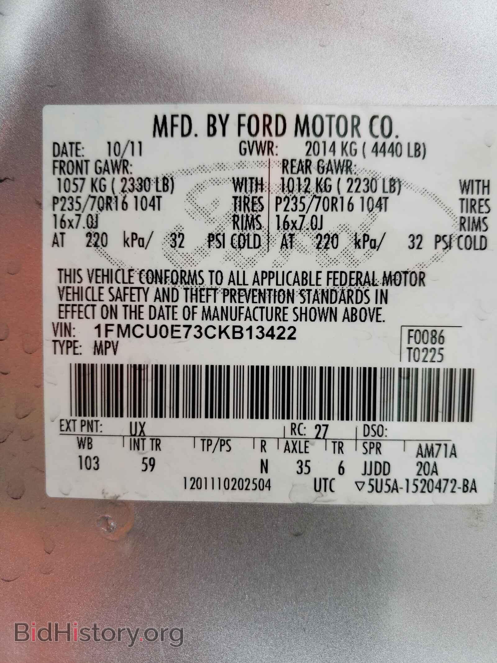2012 FORD ESCAPE - VIN: 1FMCU0E73CKB13422 - Фото 10
