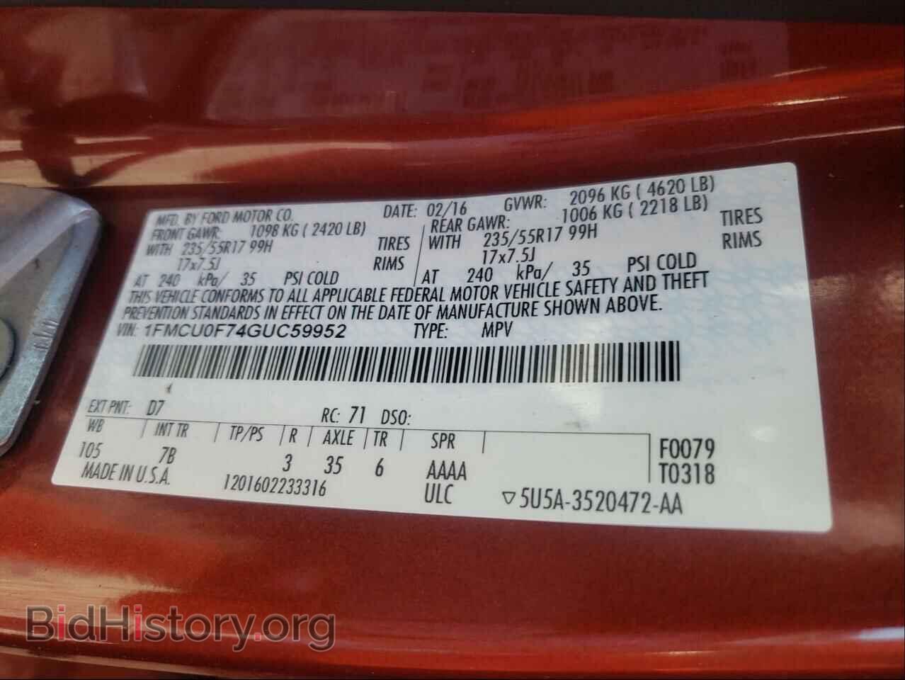 2016 FORD ESCAPE - VIN: 1FMCU0F74GUC59952 - Фото 10