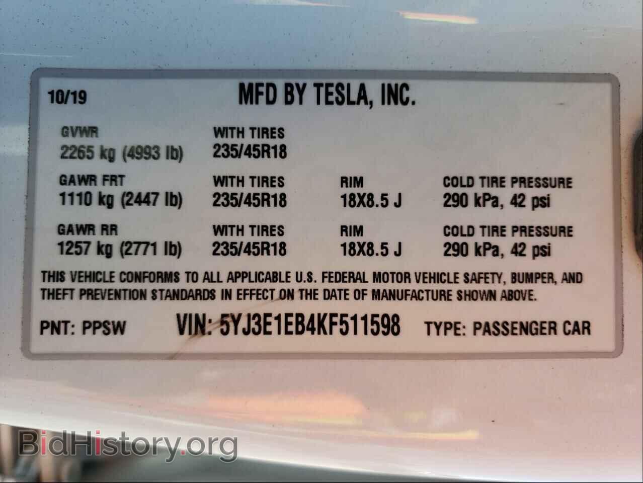 2019 TESLA MODEL 3 - VIN: 5YJ3E1EB4KF511598 - Фото 10