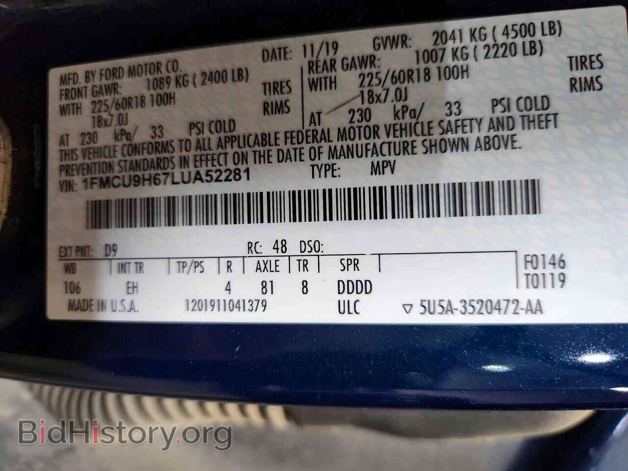 2020 FORD ESCAPE - VIN: 1FMCU9H67LUA52281 - Photo 12