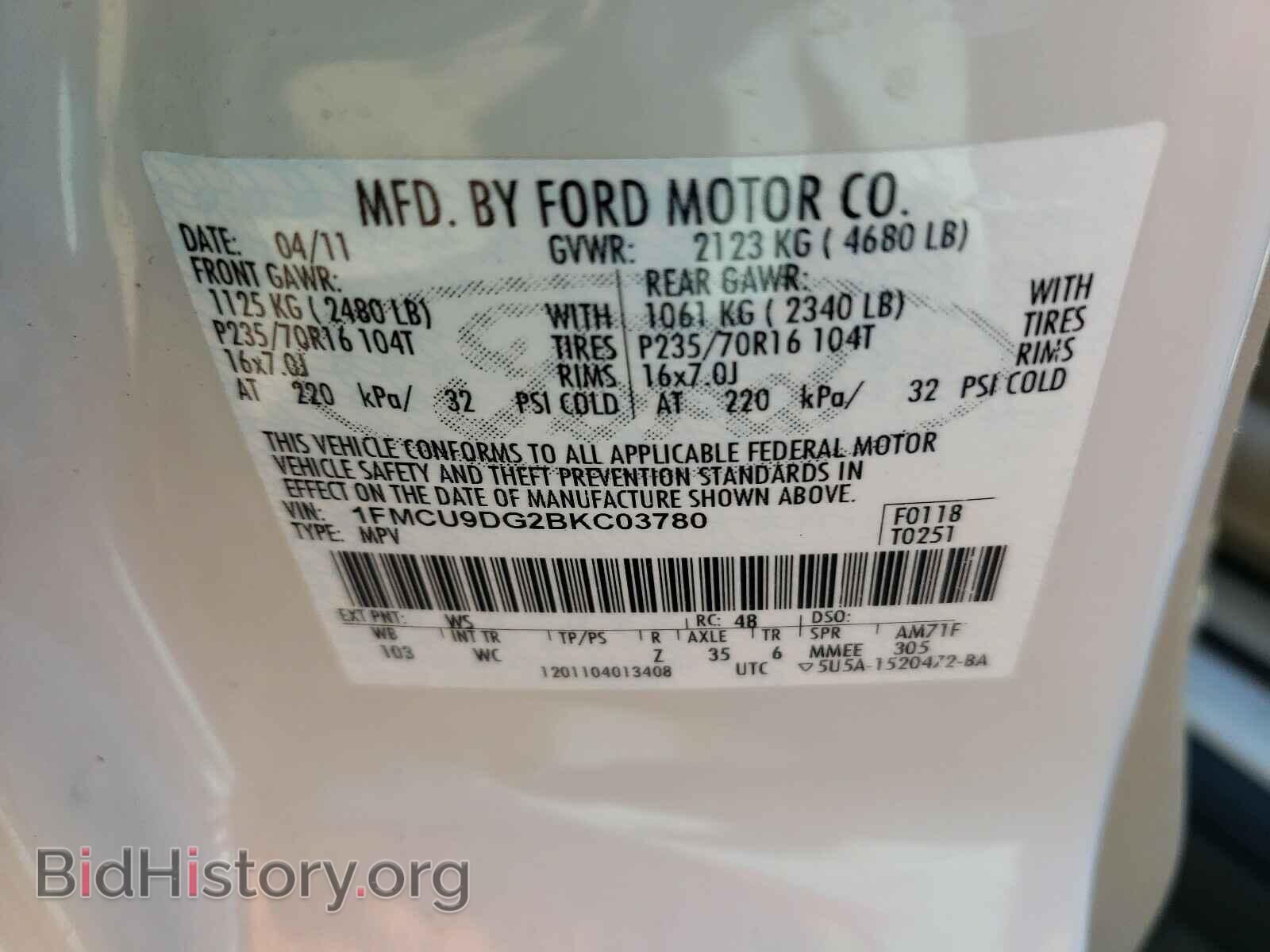 2011 FORD ESCAPE - VIN: 1FMCU9DG2BKC03780 - Фото 10