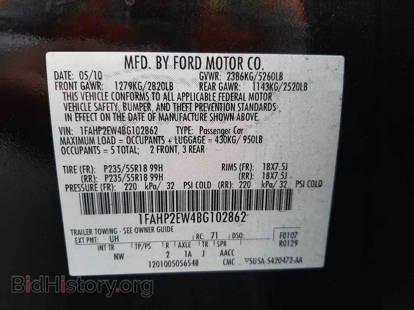 2011 FORD TAURUS - VIN: 1FAHP2EW4BG102862 - Фото 10
