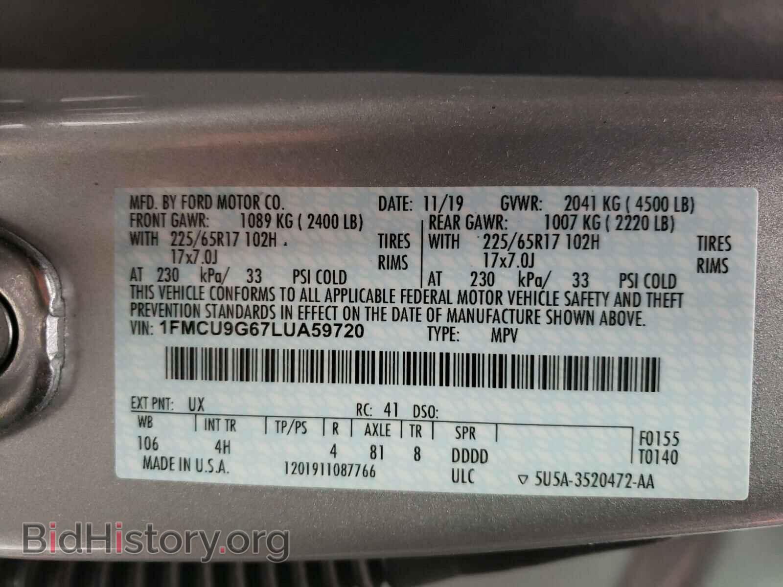 2020 FORD ESCAPE - VIN: 1FMCU9G67LUA59720 - Photo 10
