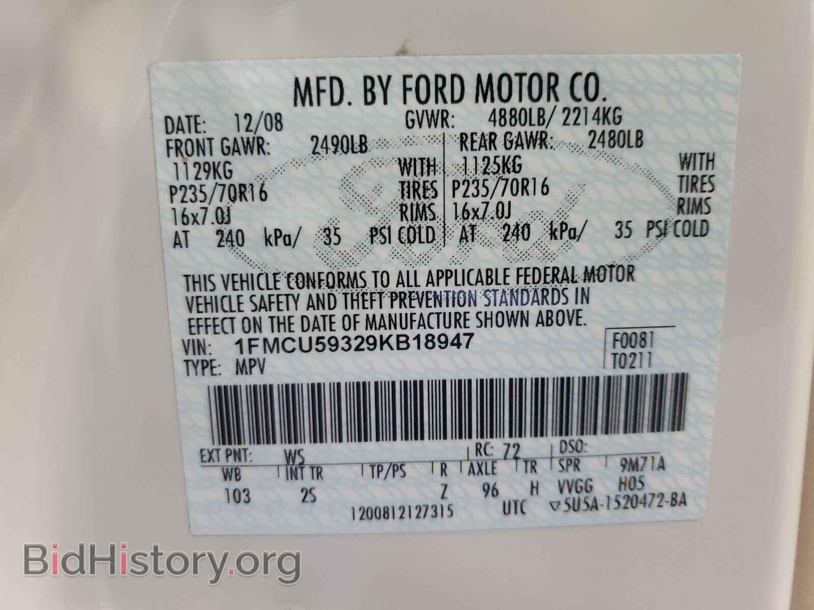 2009 FORD ESCAPE - VIN: 1FMCU59329KB18947 - Фото 10