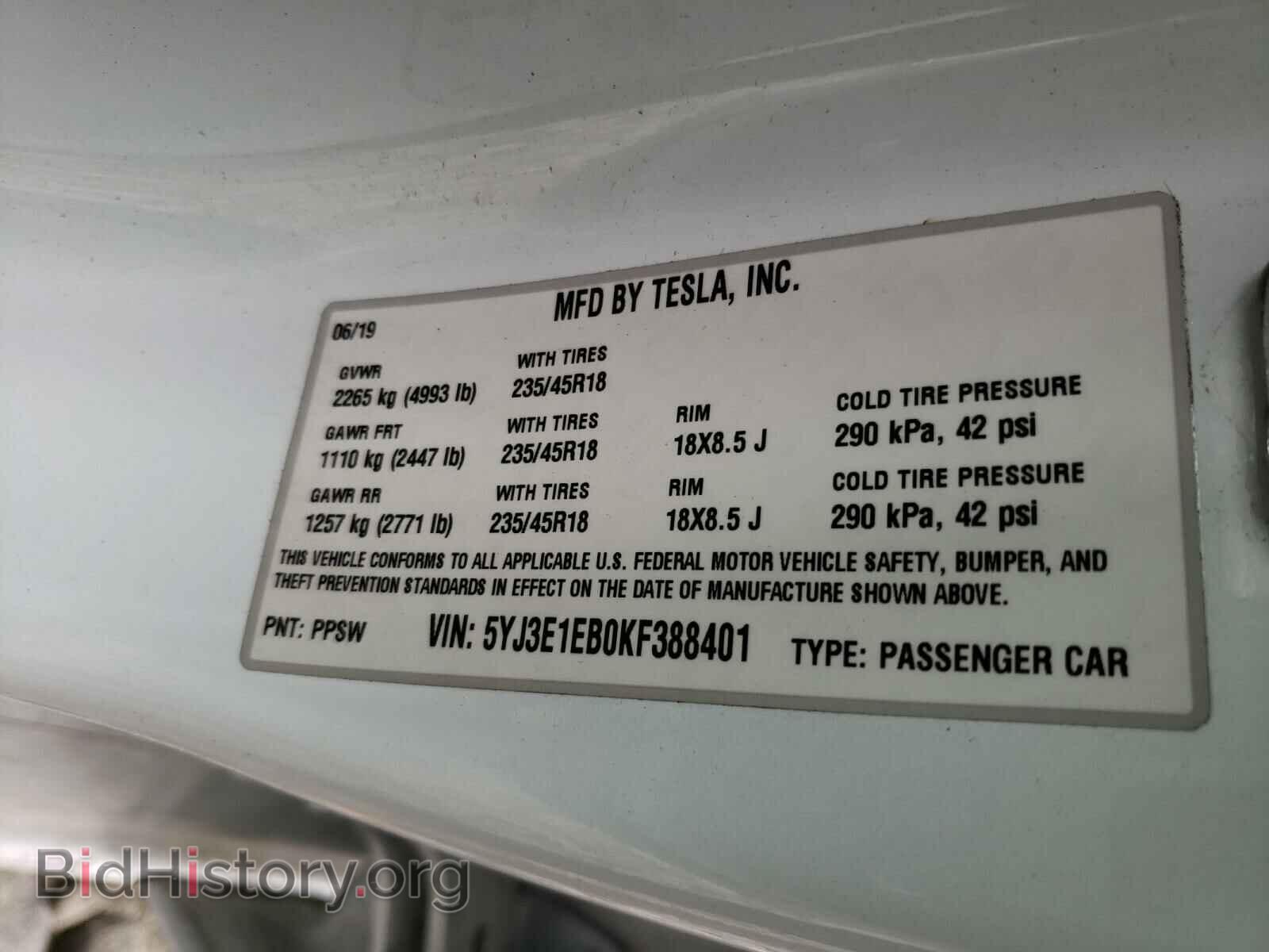 2019 TESLA MODEL 3 - VIN: 5YJ3E1EB0KF388401 - Photo 10