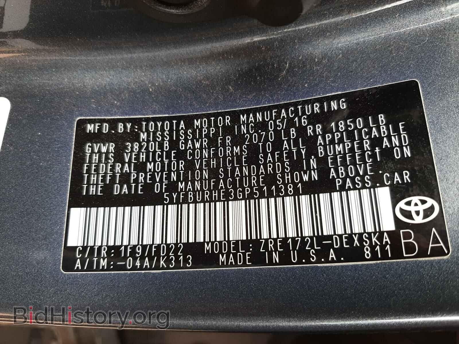 2016 TOYOTA COROLLA - VIN: 5YFBURHE3GP511381 - Фото 10