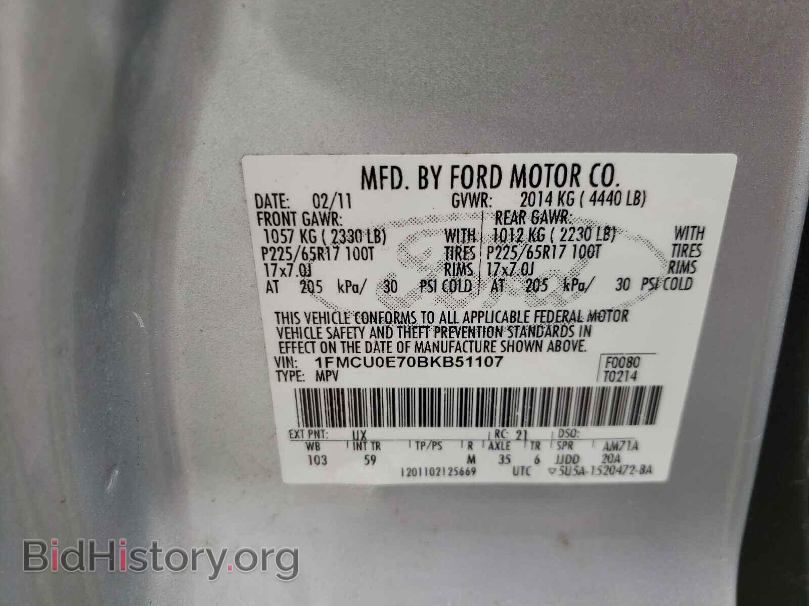 2011 FORD ESCAPE - VIN: 1FMCU0E70BKB51107 - Фото 10