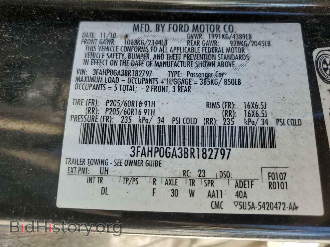 2011 FORD FUSION - VIN: 3FAHP0GA3BR182797 - Фото 10