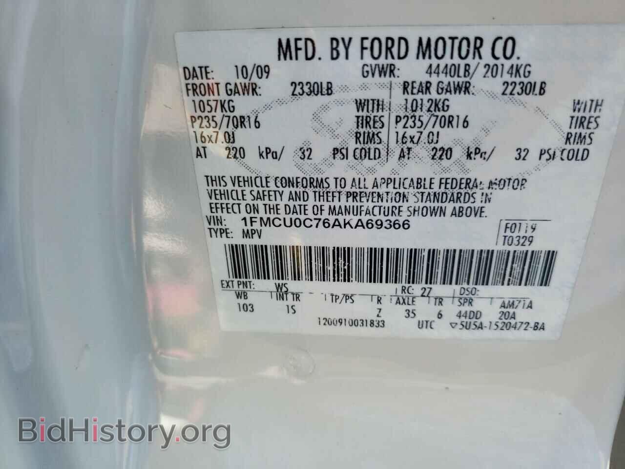 2010 FORD ESCAPE - VIN: 1FMCU0C76AKA69366 - Фото 10