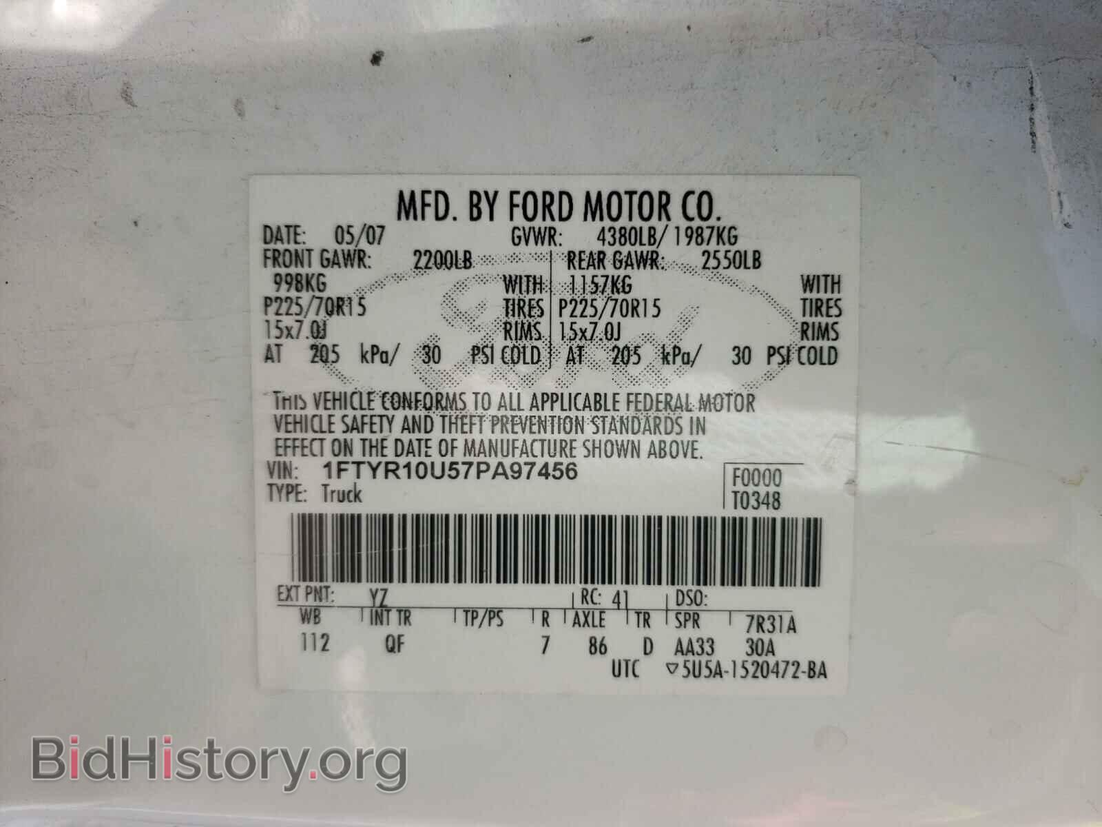 2007 FORD RANGER - VIN: 1FTYR10U57PA97456 - Фото 10