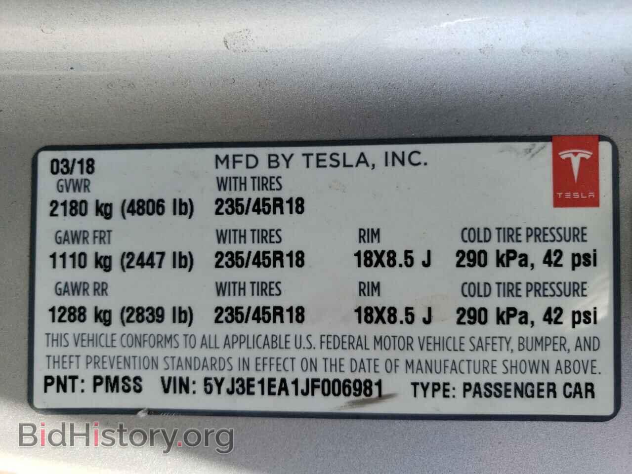 2018 TESLA MODEL 3 - VIN: 5YJ3E1EA1JF006981 - Фото 12