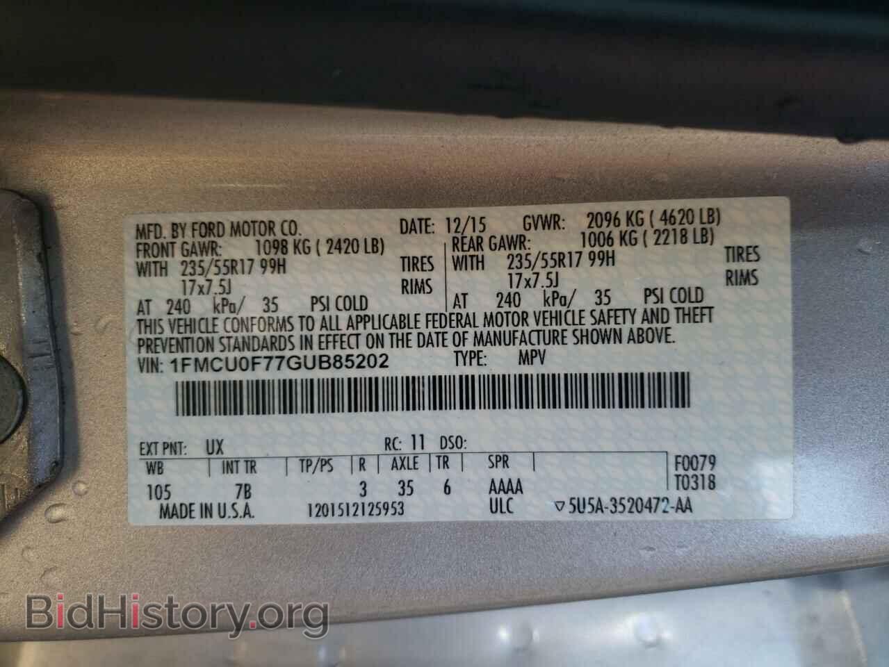 2016 FORD ESCAPE - VIN: 1FMCU0F77GUB85202 - Фото 10