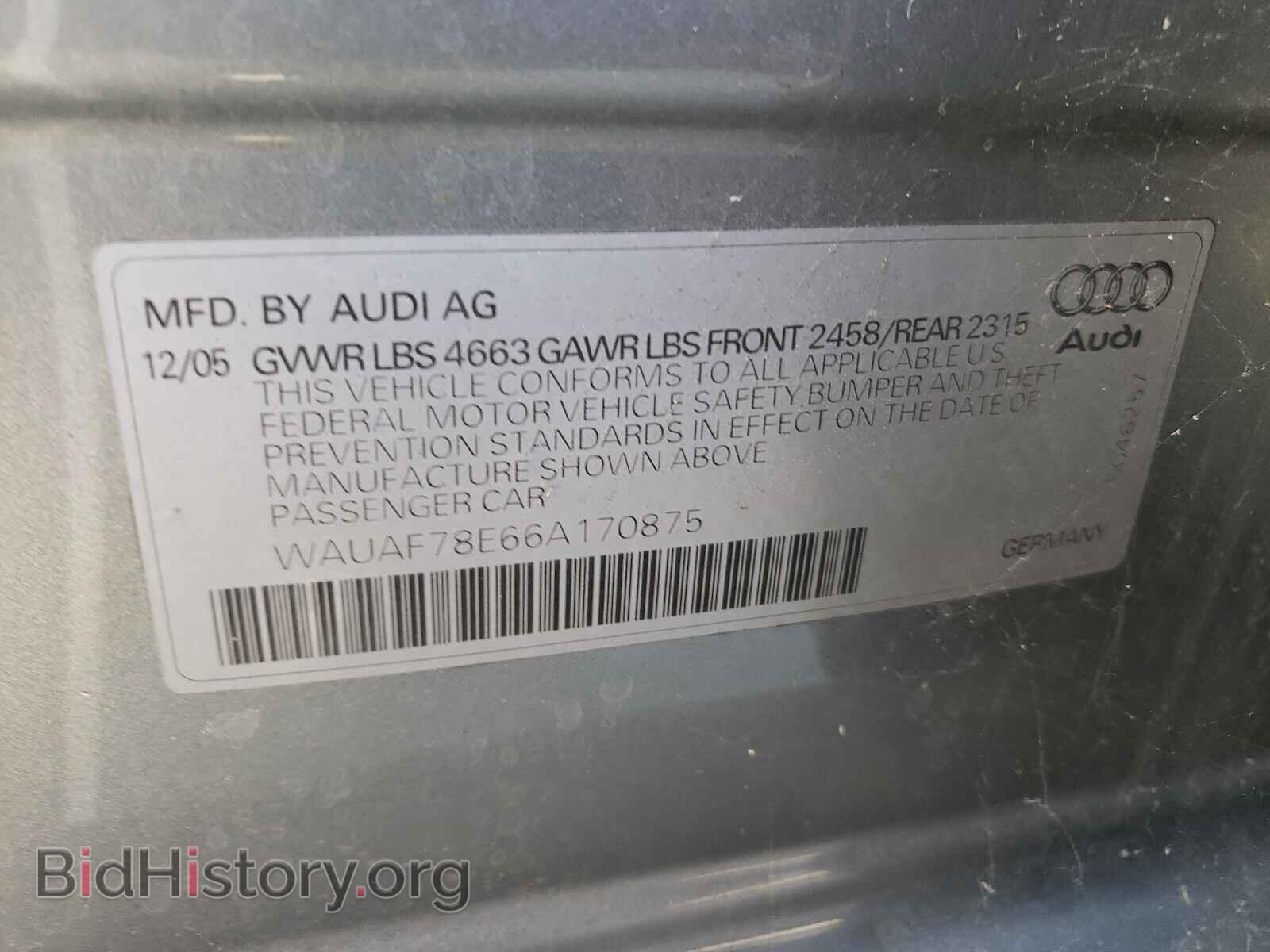 2006 AUDI A4 - VIN: WAUAF78E66A170875 - Фото 10