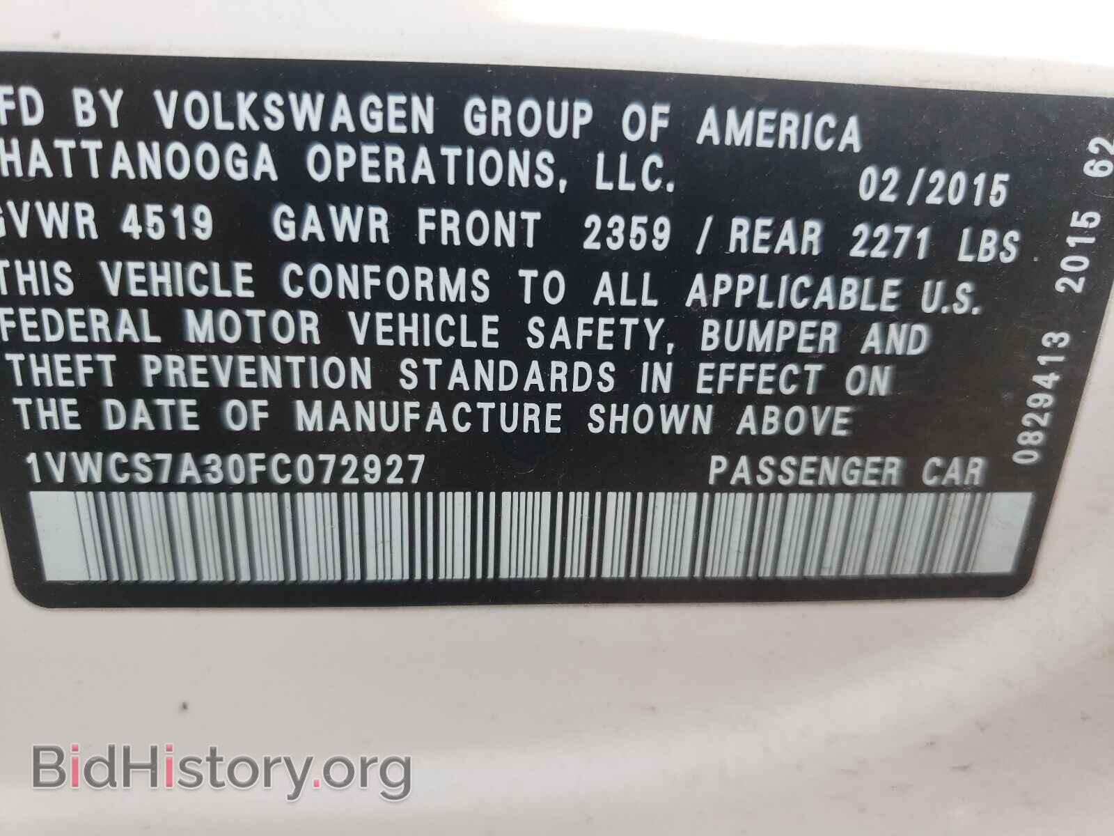 2015 VOLKSWAGEN PASSAT - VIN: 1VWCS7A30FC072927 - Фото 10