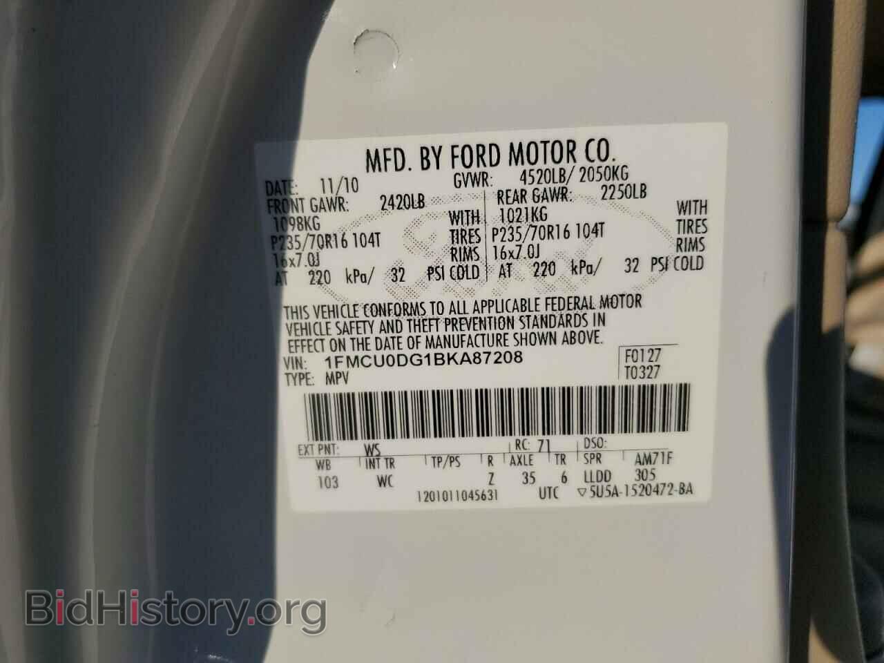 2011 FORD ESCAPE - VIN: 1FMCU0DG1BKA87208 - Фото 10