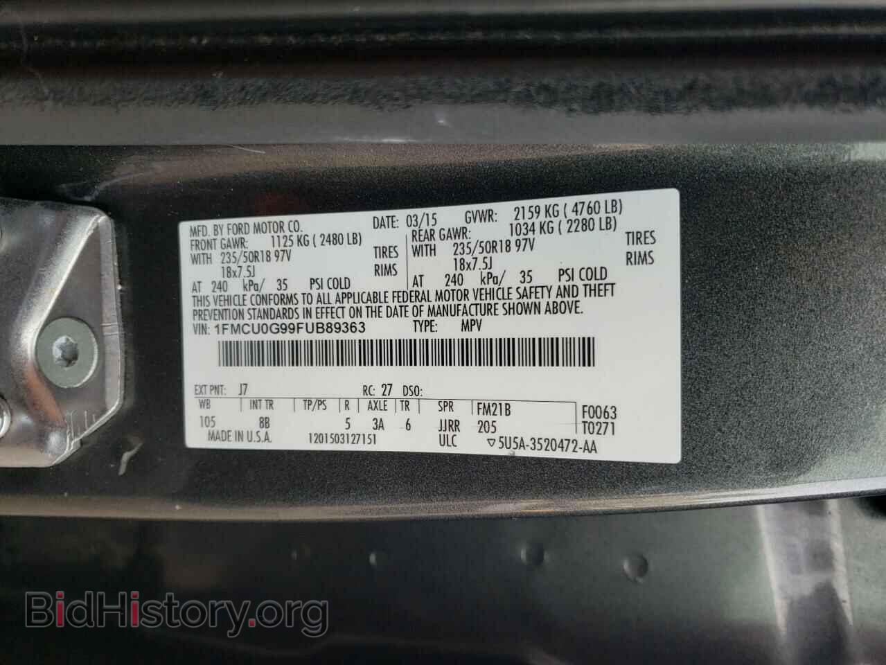 2015 FORD ESCAPE - VIN: 1FMCU0G99FUB89363 - Фото 10