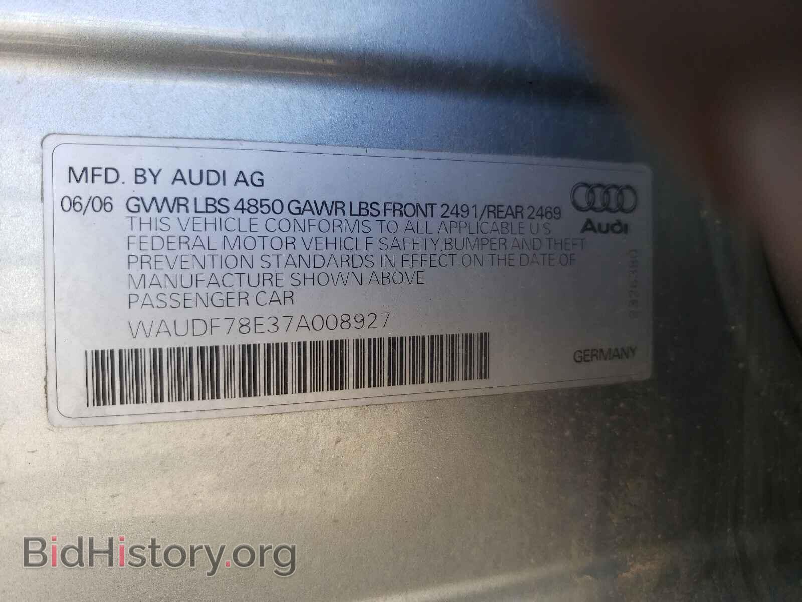 2007 AUDI A4 - VIN: WAUDF78E37A008927 - Фото 10