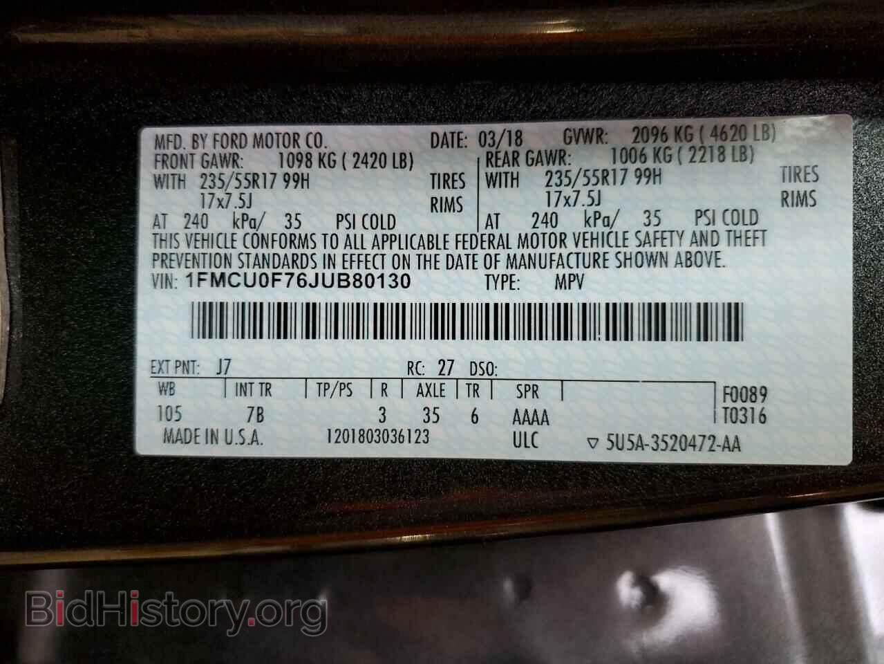 2018 FORD ESCAPE - VIN: 1FMCU0F76JUB80130 - Фото 10