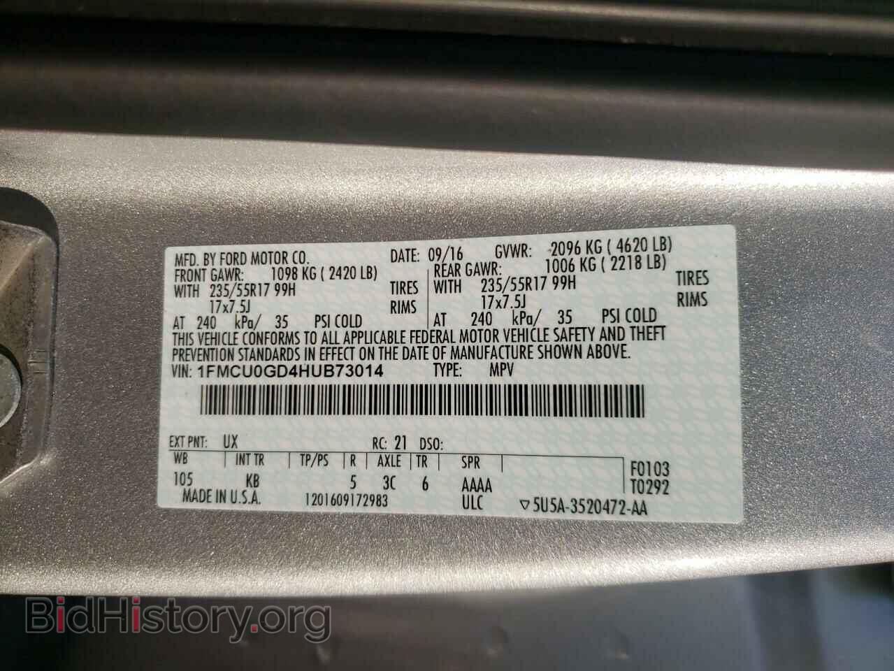 2017 FORD ESCAPE - VIN: 1FMCU0GD4HUB73014 - Фото 10